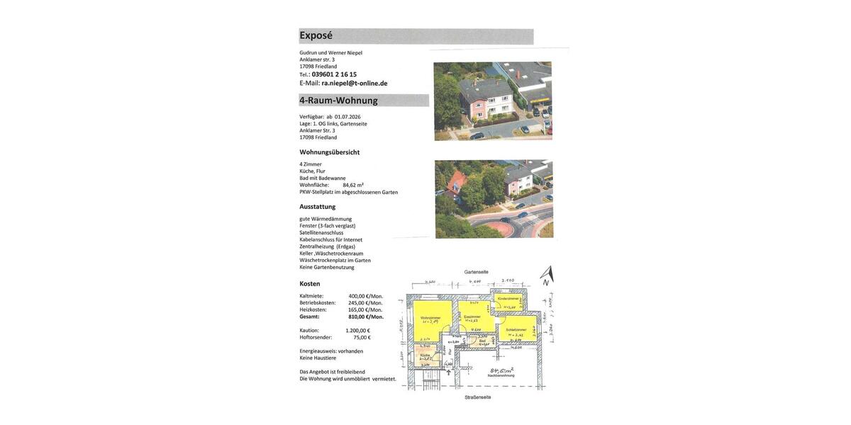 Etagenwohnung Friedland - 4 Zimmer, 84 m&sup2;, 400&euro; | Angebot:25840932